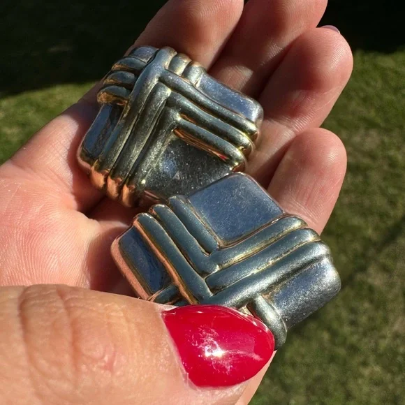 Vintage 925 Sterling Silver very large Puffy Square 2 tone clipon Earrings 18.5g - Picture 6 of 10